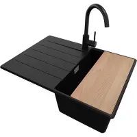 PrimaGran Granitspüle Schwarz 70x50cm, Spülbecken 1 Becken + Küchenarmatur 32x20cm + Ablauf-Set + Schneidebrett, Küchenspüle ab 40er Unterschrank - Kopenhagen