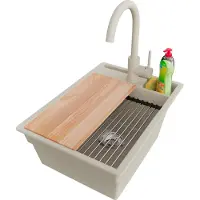 PrimaGran Granitspüle Beige 38x53cm, Spülbecken 1 Becken + Ablauf-Set + Küchenzubehörset, Küchenspüle ab 40er Unterschrank - Oslo Pocket