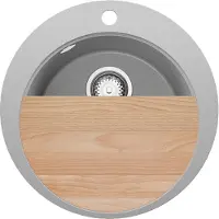 PrimaGran Spülbecken Rund Grau 50x50cm, Granitspüle 1 Becken + Ablauf-Set + Schneidebrett, Küchenspüle ab 45er Unterschrank - Pisa