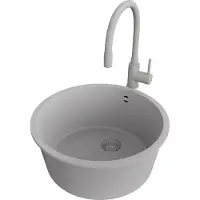 PrimaGran Unterbauspüle Granit Grau 46x46cm, Spülbecken 1 Becken + Küchenarmatur 38x14cm + Ablauf-Set, Granitspüle ab 50er Unterschrank - Valletta