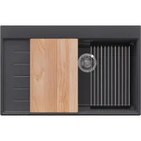 PrimaGran Spülbecken Anthrazit 78x50cm, Granitspüle 1 Becken + Ablauf-Set + Küchenzubehörset, Küchenspüle ab 60er Unterschrank - Sydney
