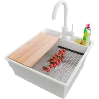 PrimaGran Granitspüle Weiß 48x53cm, Spülbecken 1 Becken + Küchenarmatur 32x20cm + Ablauf-Set + Küchenzubehörset, Küchenspüle ab 50er Unterschrank - New York