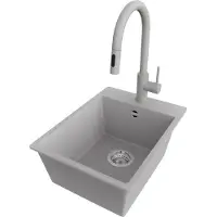 PrimaGran Granitspüle Grau 38x50cm, Spülbecken 1 Becken + Küchenarmatur 40x20cm + Ablauf-Set, Küchenspüle ab 40er Unterschrank - Riga