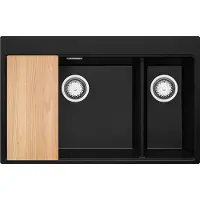 PrimaGran Spülbecken Schwarz 78x50cm, Granitspüle 2 Becken + Ablauf-Set + Schneidebrett, Küchenspüle ab 80er Unterschrank - Oslo Duo