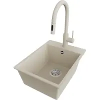 PrimaGran Granitspüle Beige 38x50cm, Spülbecken 1 Becken + Küchenarmatur 40x20cm + Ablauf-Set, Küchenspüle ab 40er Unterschrank - Riga