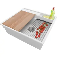 PrimaGran Spülbecken Weiß 58x53cm, Granitspüle 1 Becken + Ablauf-Set + Küchenzubehörset, Küchenspüle ab 60er Unterschrank - Oslo Pocket