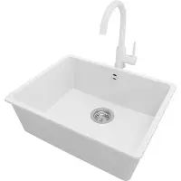 PrimaGran Granitspüle Weiß 56x44cm, Spülbecken 1 Becken + Küchenarmatur 32x20cm + Ablauf-Set, Küchenspüle ab 60er Unterschrank - Venedig Slim Easy