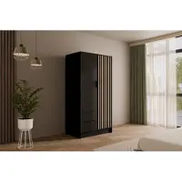 ALTDECOR Kleiderschrank mit selbstschließenden, Lamellentüren, Lamellen, Flügeltüren - NELIA - 100 cm Schwarz / Artisan