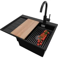 PrimaGran Granitspüle Schwarz 62x50cm, Spülbecken 1 Becken + Küchenarmatur 32x20cm + Ablauf-Set + Küchenzubehörset, Küchenspüle ab 40er Unterschrank - Sydney