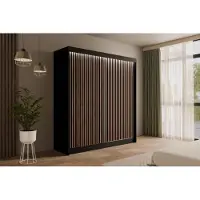 ALTDECOR Kleiderschrank mit Lamel-Schiebetüren, Führungsschienen und Aluminium- Leisten, LED-Beleuchtung und Fernbedienung - VILANv2 - 200 cm Schwarz + Lamelle Eiche Wotan
