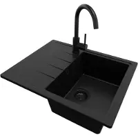 PrimaGran Granitspüle Alles Schwarz 62x50cm, Spülbecken 1 Becken + Küchenarmatur 32x20cm + Ablauf-Set, Küchenspüle ab 40er Unterschrank - Mailand