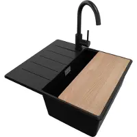 PrimaGran Granitspüle Schwarz 55x50cm, Spülbecken 1 Becken + Küchenarmatur 32x20cm + Ablauf-Set + Schneidebrett, Küchenspüle ab 40er Unterschrank - Kopenhagen