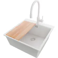 PrimaGran Granitspüle Alles Weiß 48x50cm, Spülbecken 1 Becken + Küchenarmatur 38x14cm + Ablauf-Set + Schneidebrett, Küchenspüle ab 50er Unterschrank - Oslo
