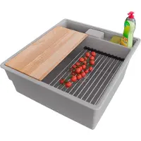 PrimaGran Spülbecken Grau 48x53cm, Granitspüle 1 Becken + Ablauf-Set + Küchenzubehörset, Küchenspüle ab 50er Unterschrank - New York