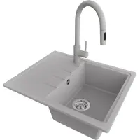 PrimaGran Granitspüle Grau 62x50cm, Spülbecken 1 Becken + Küchenarmatur 40x20cm + Ablauf-Set, Küchenspüle ab 40er Unterschrank - Mailand