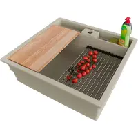 PrimaGran Unterbauspüle Granit Beige 56x54cm, Spülbecken 1 Becken + Ablauf-Set + Küchenzubehörset, Granitspüle ab 60er Unterschrank - Bergen Pocket