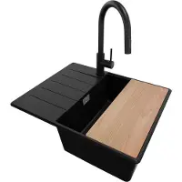 PrimaGran Granitspüle Schwarz 62x50cm, Spülbecken 1 Becken + Küchenarmatur 40x20cm + Ablauf-Set + Schneidebrett, Küchenspüle ab 45er Unterschrank - Kopenhagen