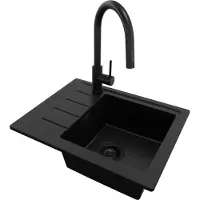 PrimaGran Granitspüle Alles Schwarz 55x44cm, Spülbecken 1 Becken + Küchenarmatur 40x20cm + Ablauf-Set, Küchenspüle ab 45er Unterschrank - Kopenhagen Easy
