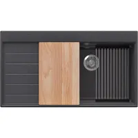 PrimaGran Spülbecken Anthrazit 90x50cm, Granitspüle 1 Becken + Ablauf-Set + Küchenzubehörset, Küchenspüle ab 60er Unterschrank - Sydney