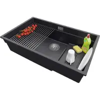PrimaGran Spülbecken Anthrazit 76x47cm, Granitspüle 1 Becken + Ablauf-Set + Aufrollbare Abtropffläche, Küchenspüle ab 80er Unterschrank - Praga Slim