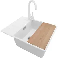 PrimaGran Granitspüle Weiß 62x50cm, Spülbecken 1 Becken + Küchenarmatur 32x20cm + Ablauf-Set + Schneidebrett, Küchenspüle ab 50er Unterschrank - Kopenhagen