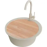 PrimaGran Granitspüle Beige 53x53cm, Spülbecken Rund 1 Becken + Küchenarmatur 32x20cm + Ablauf-Set + Schneidebrett, Küchenspüle ab 50er Unterschrank - Pisa Max