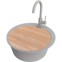 PrimaGran Granitspüle Grau 53x53cm, Spülbecken Rund 1 Becken + Küchenarmatur 32x20cm + Ablauf-Set + Schneidebrett, Küchenspüle ab 50er Unterschrank - Pisa Max
