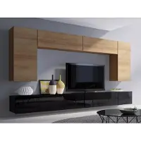 EURO-MEBLE Wohnwand CALABRINI-13 Hängewohnwand Set, 6-teilig, Weiß Hochglanz Modern, PVC-Furnier Spanplatte, grifflos, TV-Schränke (Eiche Gold + Schwarz)