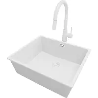 PrimaGran Unterbauspüle Granit Alles Weiß 56x47cm, Spülbecken 1 Becken + Küchenarmatur 40x20cm + Ablauf-Set, Granitspüle ab 60er Unterschrank - London