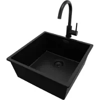 PrimaGran Unterbauspüle Granit Alles Schwarz 46x47cm, Spülbecken 1 Becken + Küchenarmatur 32x20cm + Ablauf-Set, Granitspüle ab 50er Unterschrank - London