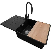 PrimaGran Granitspüle Schwarz 90x50cm, Spülbecken 1 Becken + Küchenarmatur 40x38cm + Ablauf-Set + Schneidebrett, Küchenspüle ab 60er Unterschrank - Kopenhagen