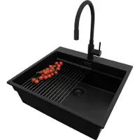 PrimaGran Granitspüle Alles Schwarz 58x53cm, Spülbecken 1 Becken + Ablauf-Set + Küchenzubehörset, Küchenspüle ab 60er Unterschrank - Oslo Max