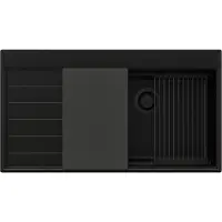PrimaGran Spülbecken Alles Schwarz 90x50cm, Granitspüle 1 Becken + Ablauf-Set + Küchenzubehörset, Küchenspüle ab 60er Unterschrank - Sydney