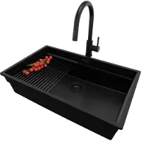 PrimaGran Granitspüle Alles Schwarz 76x47cm, Spülbecken 1 Becken + Ablauf-Set + Küchenzubehörset, Küchenspüle ab 80er Unterschrank - Praga Slim