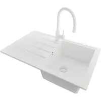 PrimaGran Granitspüle Alles Weiß 78x50cm, Spülbecken 1 Becken + Küchenarmatur 38x14cm + Ablauf-Set, Küchenspüle ab 45er Unterschrank - Mailand