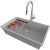 PrimaGran Granitspüle Grau 76x47cm, Spülbecken 1 Becken + Küchenarmatur 40x20cm + Ablauf-Set + Küchenzubehörset, Küchenspüle ab 80er Unterschrank - Praga Slim