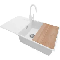 PrimaGran Granitspüle Weiß 90x50cm, Spülbecken 1 Becken + Küchenarmatur 32x20cm + Ablauf-Set + Schneidebrett, Küchenspüle ab 60er Unterschrank - Kopenhagen