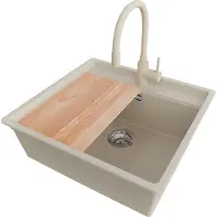 PrimaGran Unterbauspüle Granit Beige 56x53cm, Spülbecken 1 Becken + Ablauf-Set + Küchenzubehörset, Granitspüle ab 60er Unterschrank - Bergen