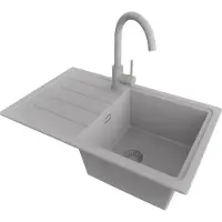 PrimaGran Granitspüle Grau 70x44cm, Spülbecken 1 Becken + Küchenarmatur 32x20cm + Ablauf-Set, Küchenspüle ab 45er Unterschrank - Kopenhagen Easy