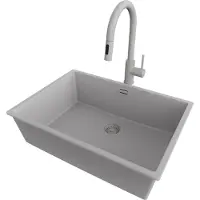 PrimaGran Unterbauspüle Granit Grau 66x47cm, Spülbecken 1 Becken + Küchenarmatur 40x20cm + Ablauf-Set, Granitspüle ab 70er Unterschrank - London