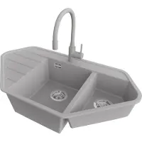 PrimaGran Granitspüle Grau 90x50cm, Eckspüle 1,5 Becken + Küchenarmatur 38x14cm + Ablauf-Set, Küchenspüle ab 70er Unterschrank - Kopenhagen Corner