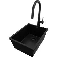 PrimaGran Unterbauspüle Granit Alles Schwarz 36x47cm, Spülbecken 1 Becken + Küchenarmatur 40x20cm + Ablauf-Set, Granitspüle ab 40er Unterschrank - London