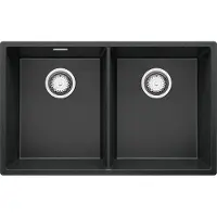 PrimaGran Unterbauspüle Granit Anthrazit 76x47cm, Spülbecken 2 Becken + Ablauf-Set, Granitspüle ab 80er Unterschrank - London Twin