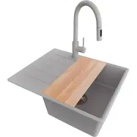 PrimaGran Granitspüle Grau 62x50cm, Spülbecken 1 Becken + Küchenarmatur 40x20cm + Ablauf-Set + Schneidebrett, Küchenspüle ab 45er Unterschrank - Kopenhagen