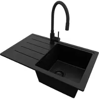 PrimaGran Granitspüle Alles Schwarz 70x44cm, Spülbecken 1 Becken + Küchenarmatur 40x38cm + Ablauf-Set, Küchenspüle ab 45er Unterschrank - Kopenhagen Easy