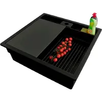 PrimaGran Unterbauspüle Granit Alles Schwarz 56x54cm, Spülbecken 1 Becken + Ablauf-Set + Küchenzubehörset, Granitspüle ab 60er Unterschrank - Bergen Pocket