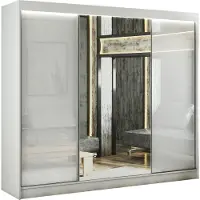 ALTDECOR Kleiderschrank mit Spiegel und Schiebetüren, kugelgelagerte Führungsschienen und Aluminium-Leisten - VESLI - 250 cm Weiß / Lacobel Weiß