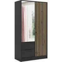 ALTDECOR Kleiderschrank NERA mit Spiegel und selbstschließenden Flügeltüren mit Lamel - 100 cm Schwarz / Artisan