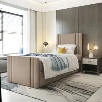 EURO-MEBLE Kinderbett, Boxspringbett RALI MINI mit Fußteil und T25 Topper, Einzelbett, Stauraum, Schlafzimmer, Polsterbett, 100x200 cm. (Cappuccino - Itaka 48)