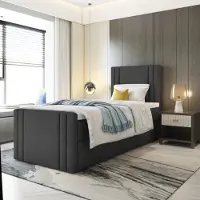 EURO-MEBLE Kinderbett, Boxspringbett RALI MINI mit Fußteil und T25 Topper, Einzelbett, Stauraum, Schlafzimmer, Polsterbett, 80x200 cm. (Schwarz - Itaka 15)